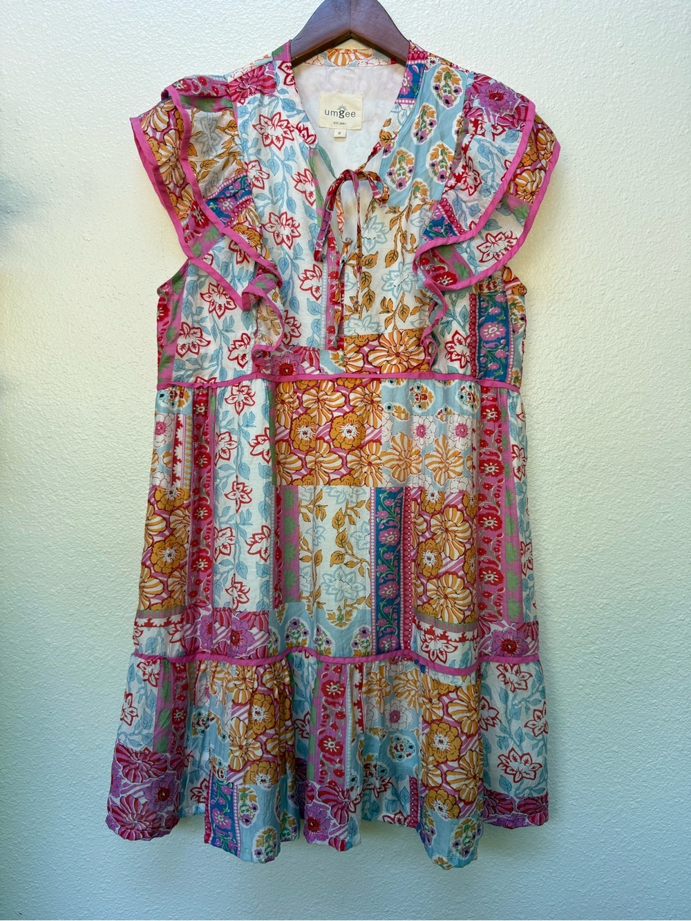 Umgee Colorful Floral Patchwork Tiered Mini Dress Ruffle Tie Neck Boho dress